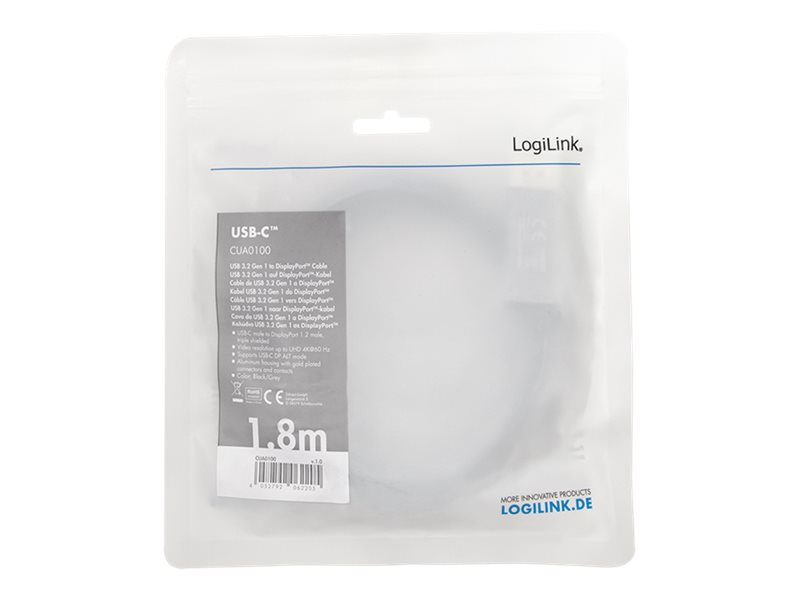 LogiLink - USB-/DisplayPort-Kabel - 24 pin USB-C (M) zu DisplayPort (M) - USB 3.2 Gen 1 / DisplayPort 1.2 / Thunderbolt 3 - 1.8 m - unterstützt 4K 60 Hz (3840 x 2160) - Schwarz
