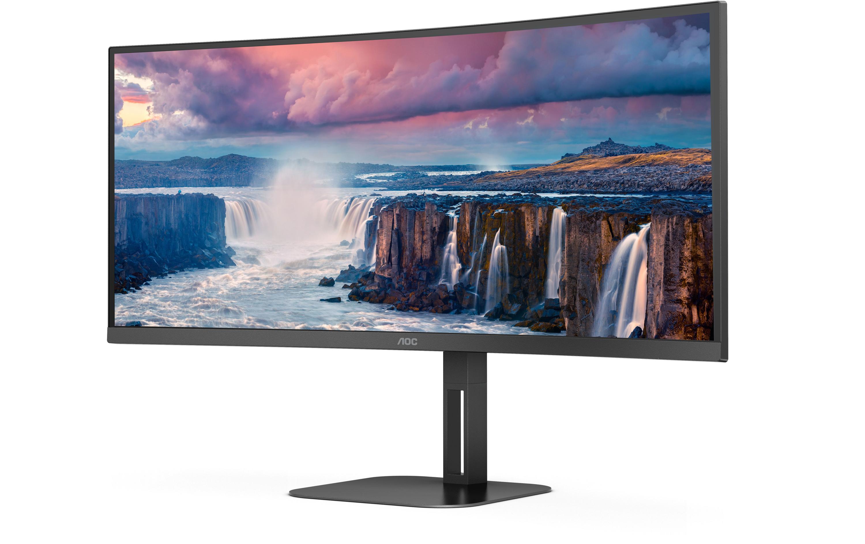 AOC Value-line CU34V5C/BK - V5 series - LED-Monitor - gebogen - 86.4 cm (34") - 3440 x 1440 WQHD @ 100 Hz - VA - 300 cd/m² - 3000:1 - 4 ms - HDMI, DisplayPort, USB-C - Lautsprecher - mattschwarz