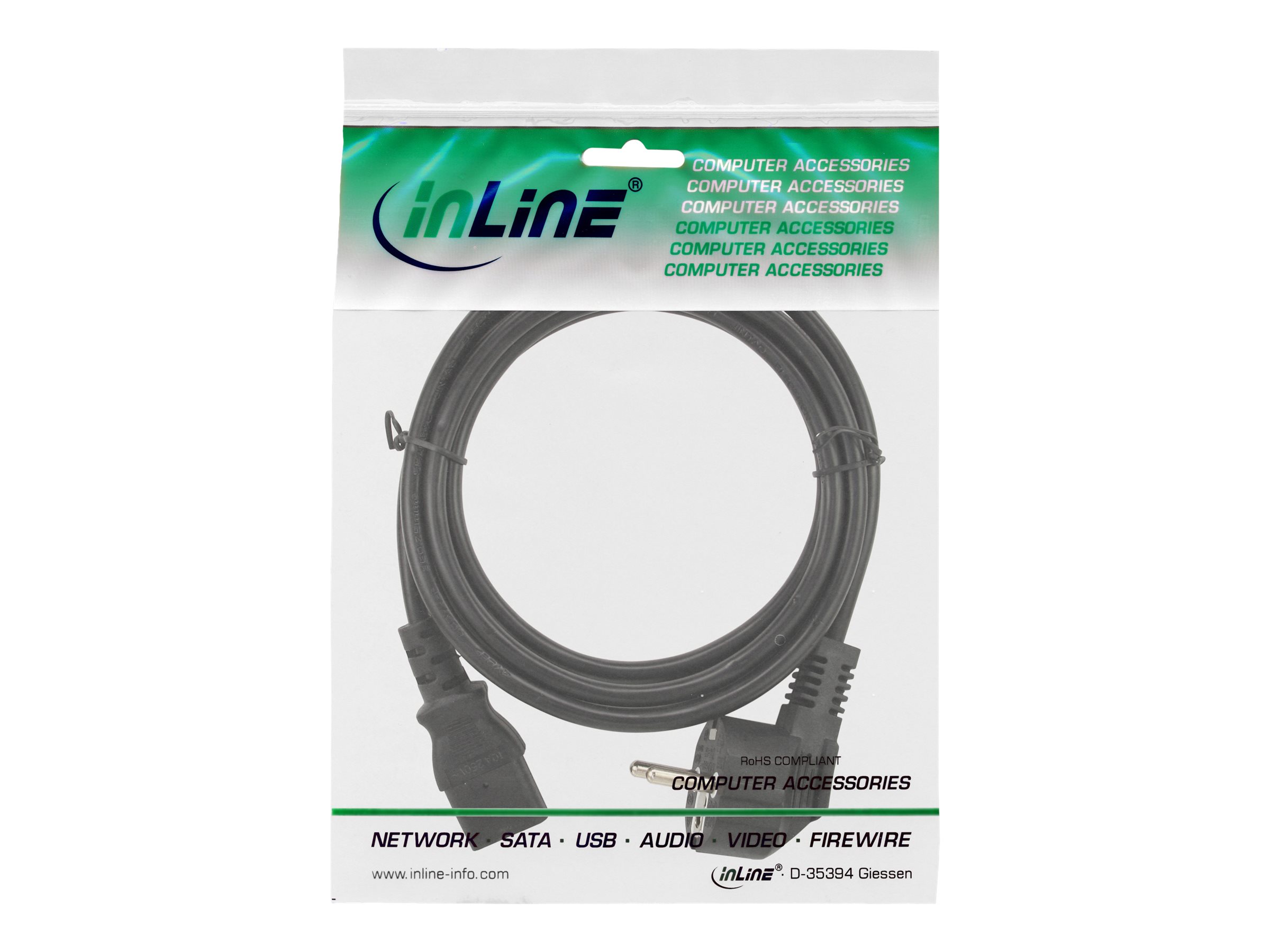 InLine - Stromkabel - power CEE 7/7 (S) gewinkelt zu power IEC 60320 C13 - 1 m - Schwarz (Packung mit 45)
