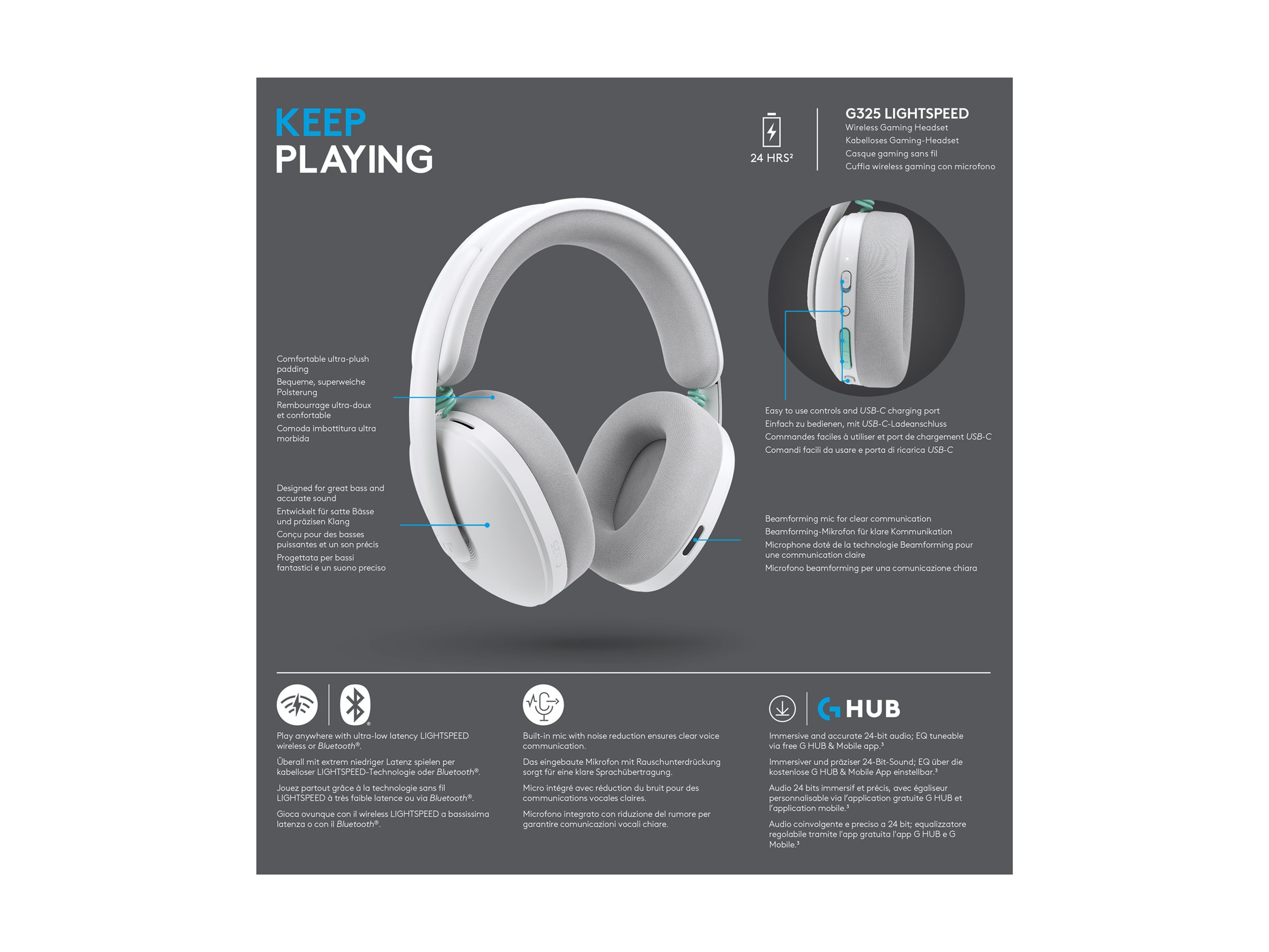 Logitech G325 LIGHTSPEED Gaming Headset kabellos weiß Bluetooth LIGHTSPEED 24h Akku