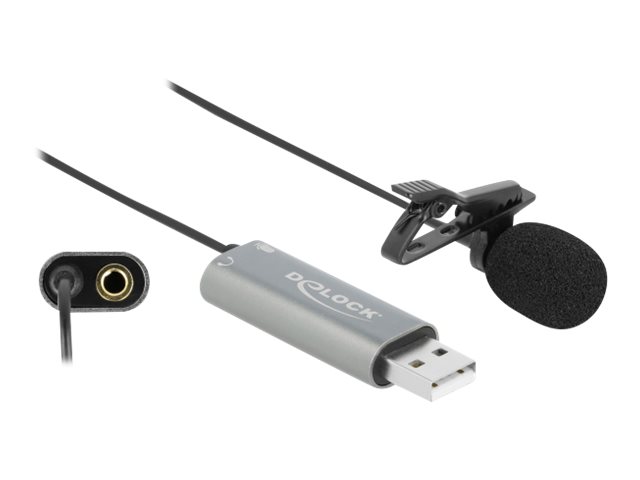 Delock USB Krawatten Lavalier Mikrofon Omnidirektional 24 bit / 192 kHz mit Clip und 3.5 mm Stereoklinken-Kopfhöreranschluss