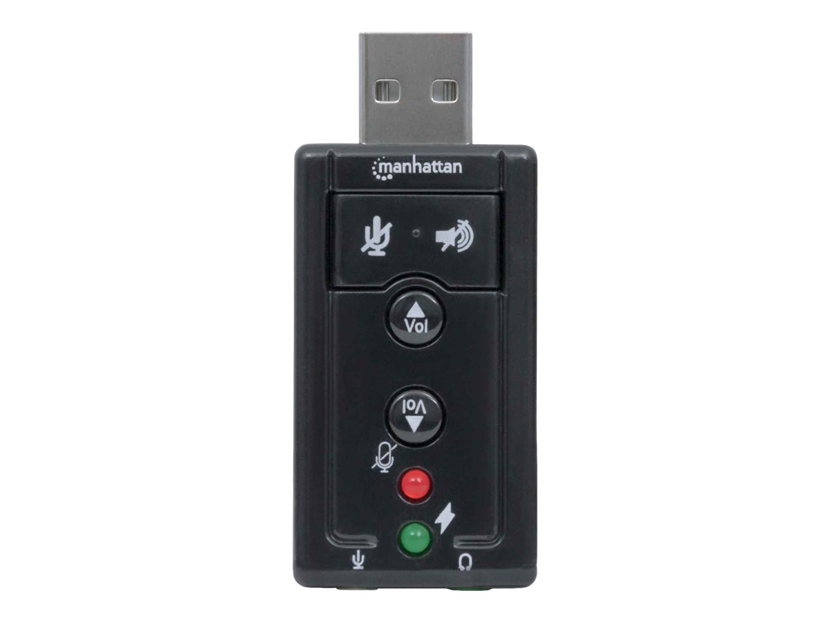 Manhattan USB-A Sound Adapter
USB-A to 3.5mm Mic-in and Audio-Out ports
480 Mbps (USB 2.0)
7.1-Channel Virtual 3D Surround Sound
Internal Amplifier and Volume Controls
Hi-Speed USB
Three Year Warranty
Box - Soundkarte
