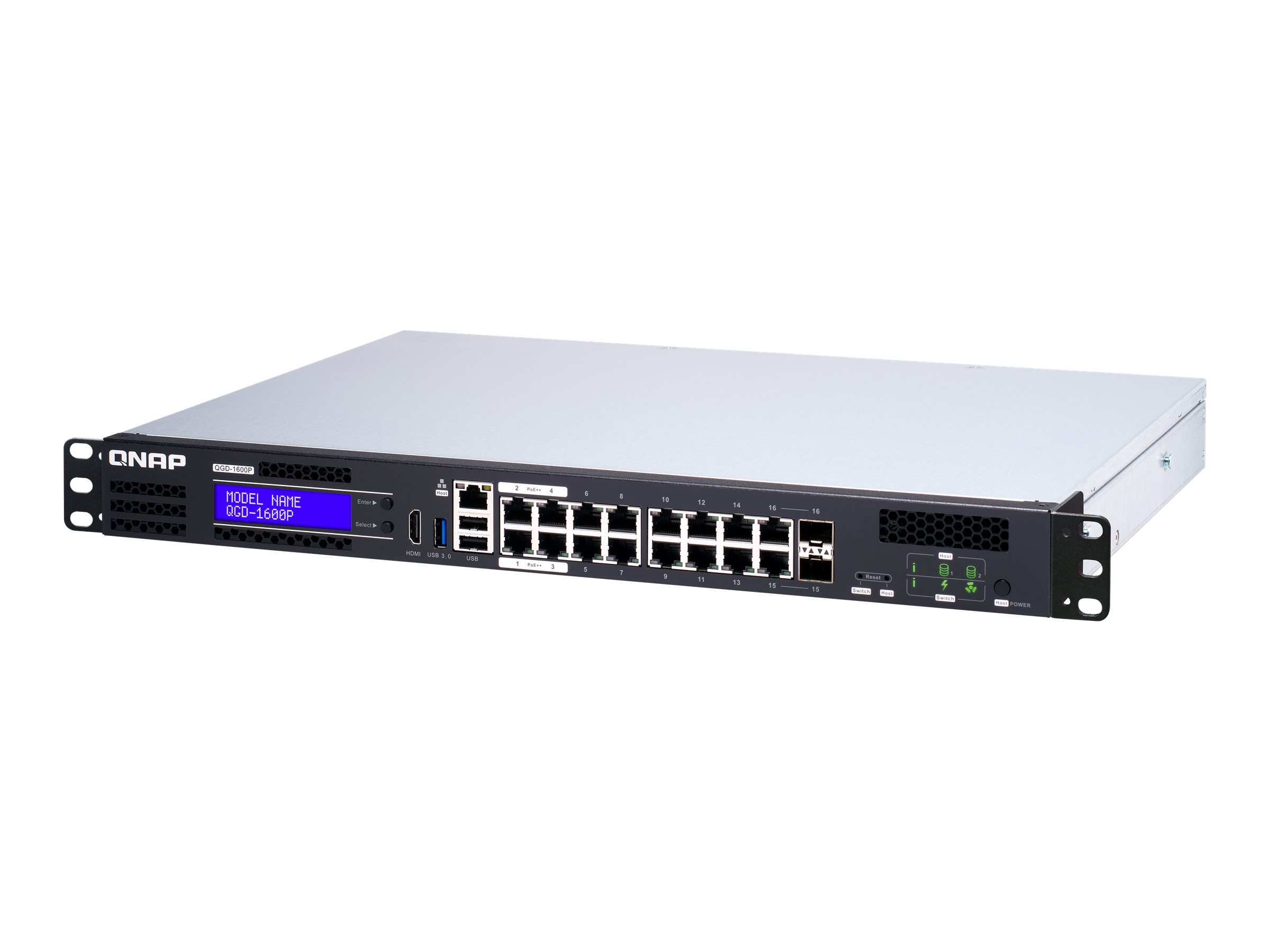 QNAP QGD-1600P - Switch - Smart - 4 x 10/100/1000 (PoE++) + 10 x 10/100/1000 (PoE+) + 2 x Kombinations-Gigabit-SFP (PoE+) - an Rack montierbar - PoE++ (370 W)