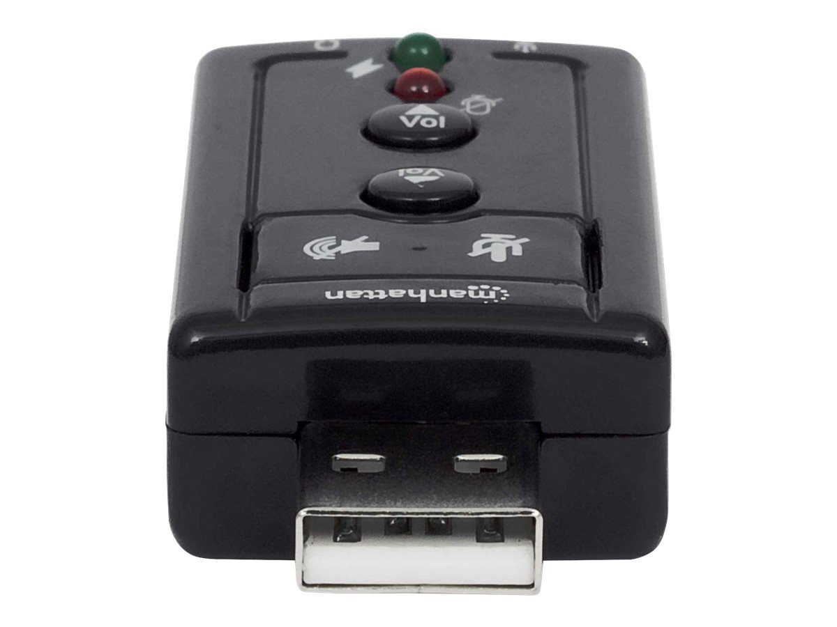 Manhattan USB-A Sound Adapter
USB-A to 3.5mm Mic-in and Audio-Out ports
480 Mbps (USB 2.0)
7.1-Channel Virtual 3D Surround Sound
Internal Amplifier and Volume Controls
Hi-Speed USB
Three Year Warranty
Box - Soundkarte