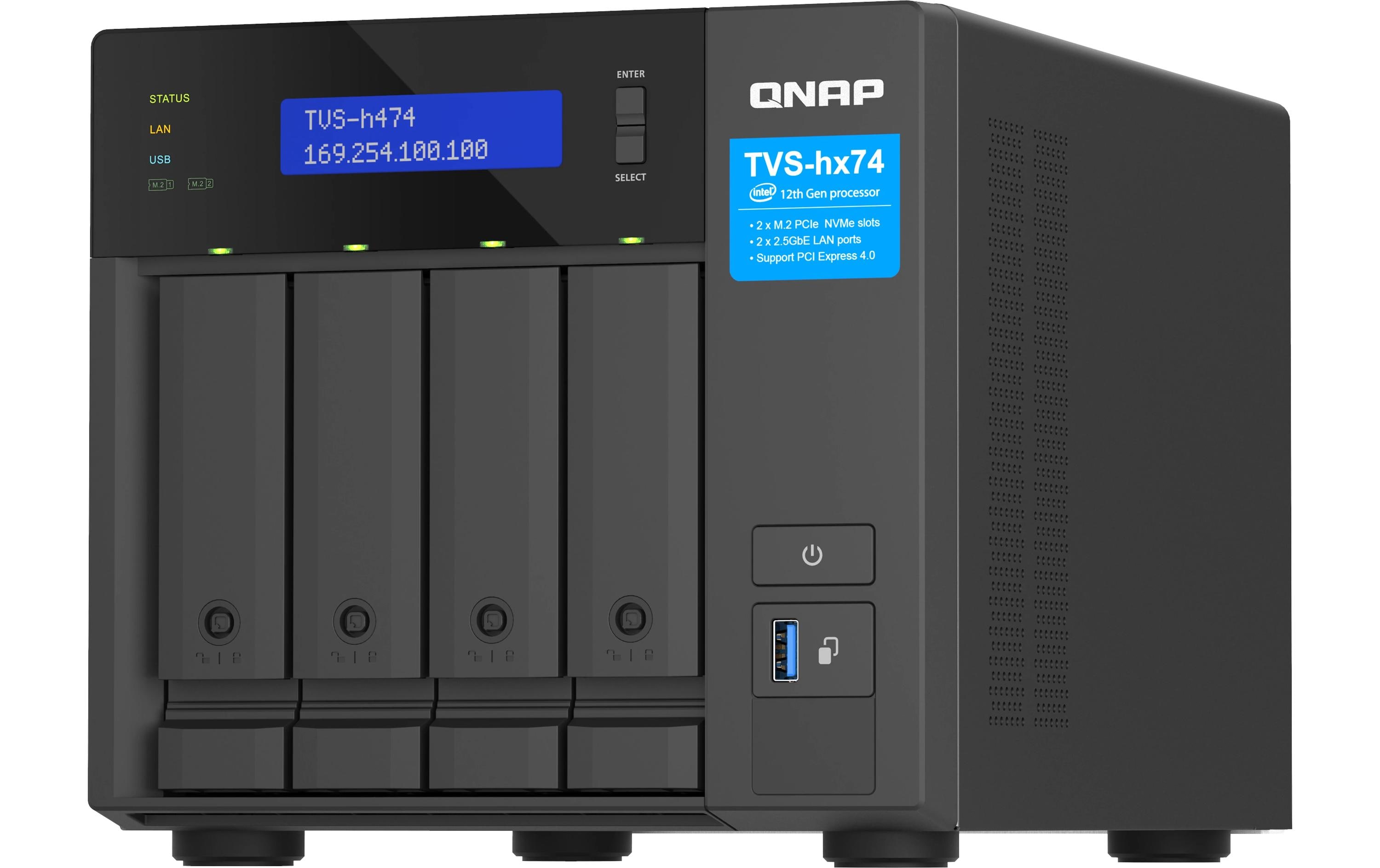 QNAP TVS-H474 - NAS-Server - 4 Schächte - SATA 6Gb/s - RAID JBOD, RAID 0, 1, 5, 6, 10, TM, RAID TP - RAM 8 GB - Gigabit Ethernet / 2.5 Gigabit Ethernet - iSCSI Support