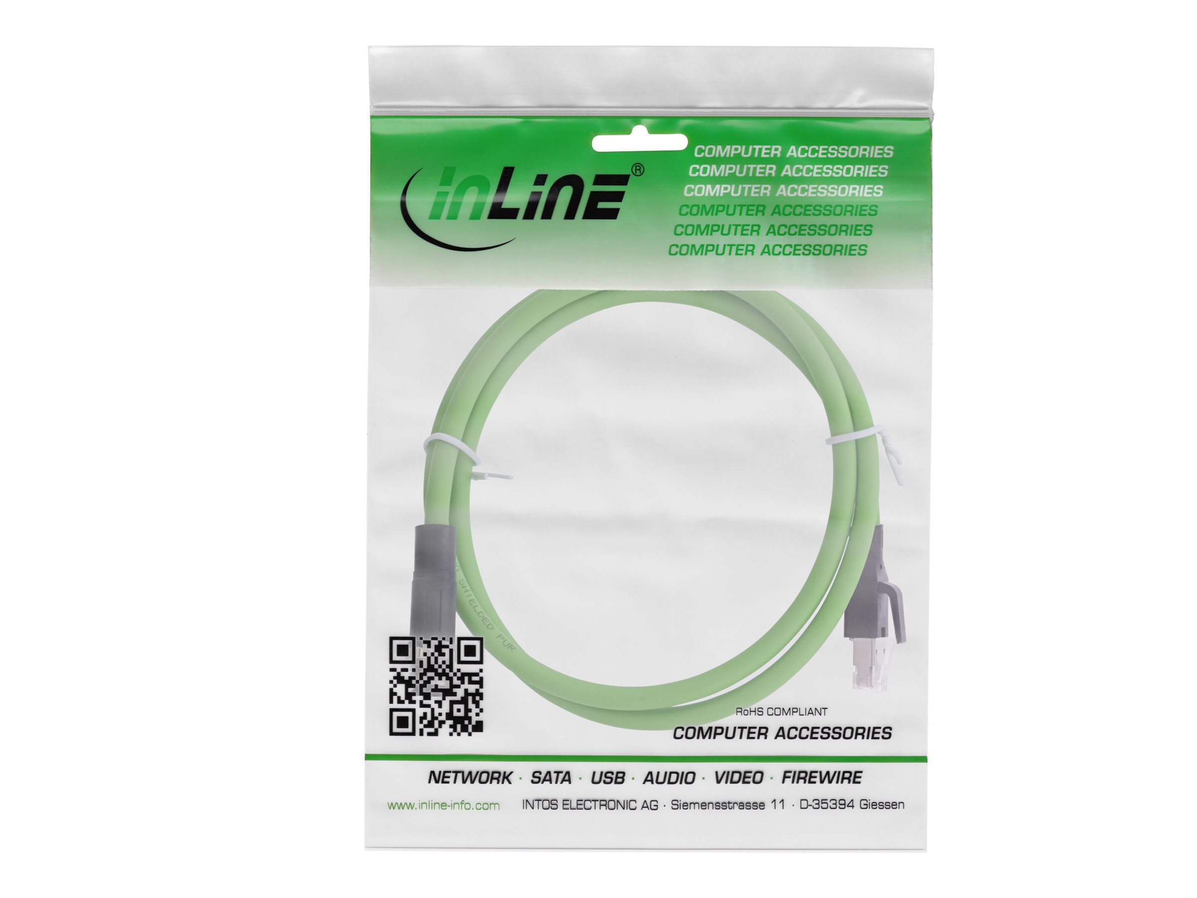 InLine - Netzwerkkabel - 4-polig M12-D (M) zu RJ-45 (M) - 10 m - 6.5 mm - SF/UTP - CAT 5e - halogenfrei, ohne Haken, D-kodiert - grün