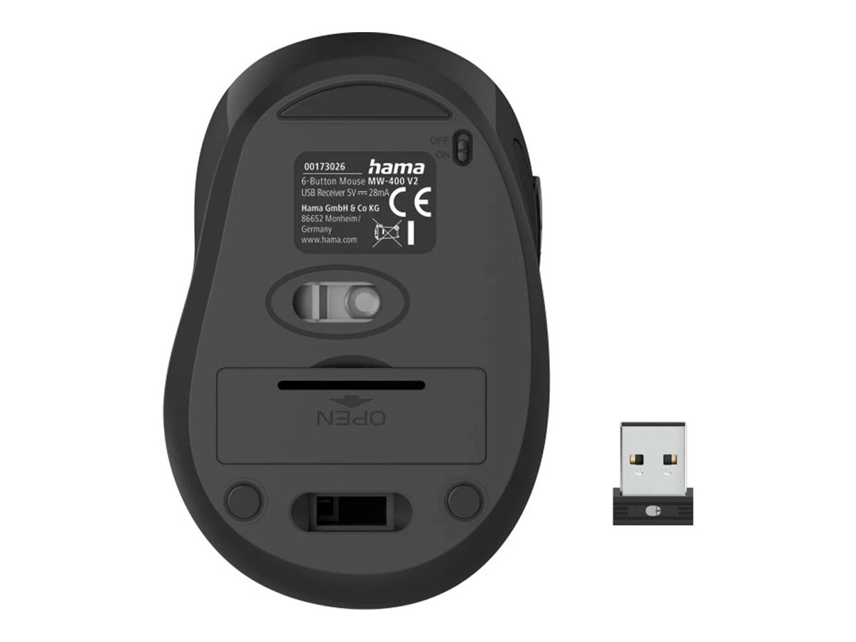 Hama MW-400 V2 - Maus - ergonomisch - Für Rechtshänder - optisch - 6 Tasten - kabellos - 2.4 GHz, RF - kabelloser Empfänger (USB) - Schwarz