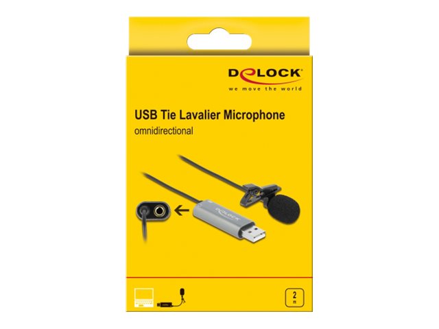Delock USB Krawatten Lavalier Mikrofon Omnidirektional 24 bit / 192 kHz mit Clip und 3.5 mm Stereoklinken-Kopfhöreranschluss
