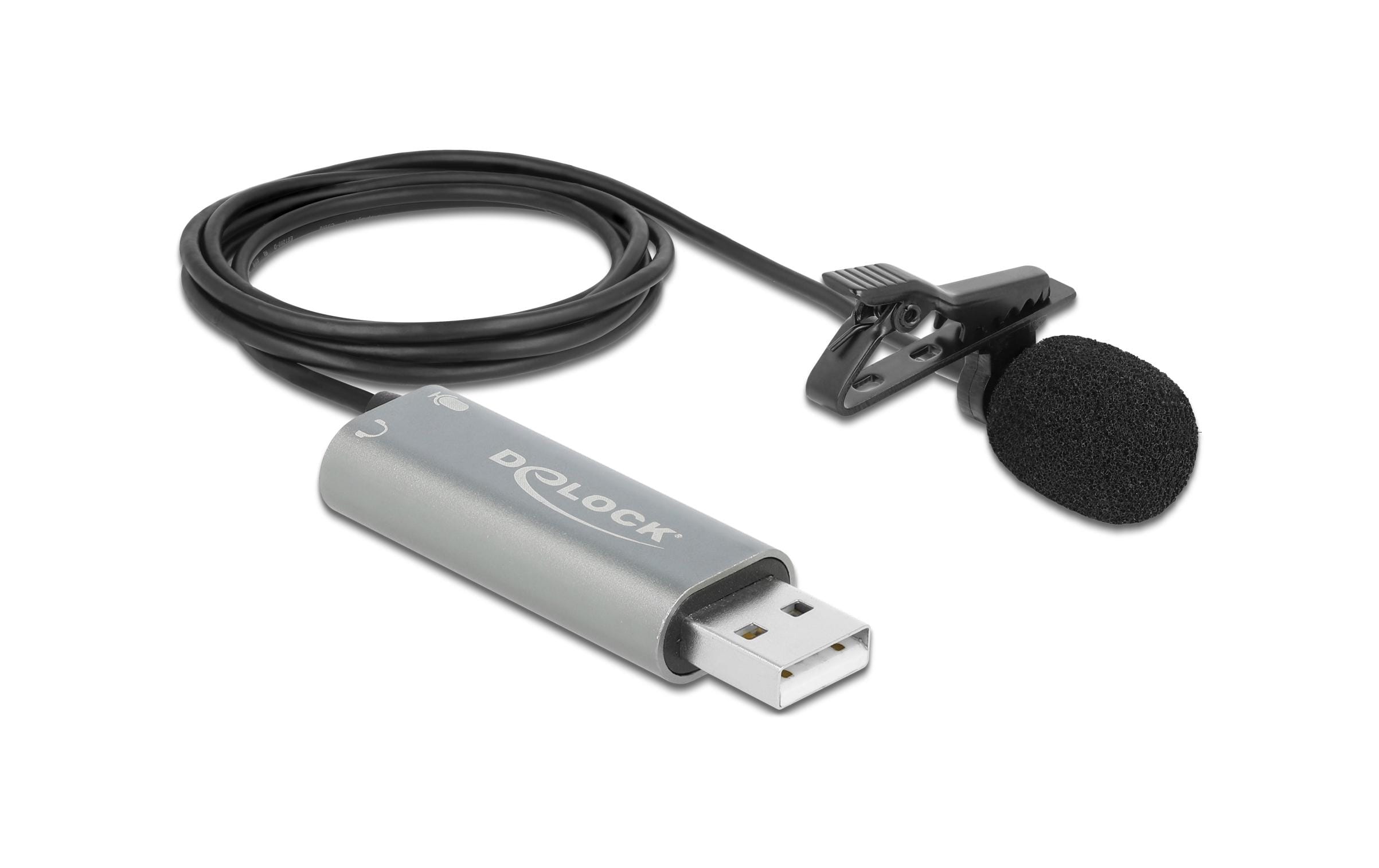 Delock USB Krawatten Lavalier Mikrofon Omnidirektional 24 bit / 192 kHz mit Clip und 3.5 mm Stereoklinken-Kopfhöreranschluss