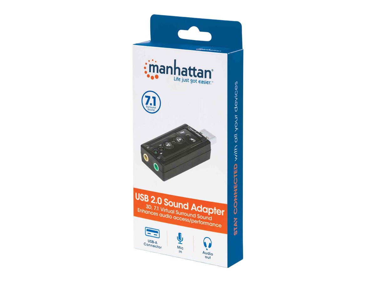 Manhattan USB-A Sound Adapter
USB-A to 3.5mm Mic-in and Audio-Out ports
480 Mbps (USB 2.0)
7.1-Channel Virtual 3D Surround Sound
Internal Amplifier and Volume Controls
Hi-Speed USB
Three Year Warranty
Box - Soundkarte