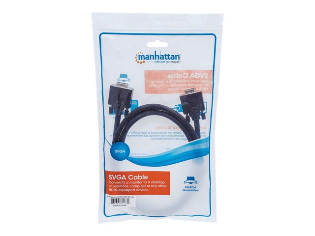 Manhattan VGA Monitor Cable
1.8m
Black
Male to Male
HD15
Cable of higher SVGA Specification (fully compatible)
Fully Shielded
Lifetime Warranty
Polybag - VGA-Kabel - HD-15 (VGA) zu HD-15 (VGA) - 1.8 m