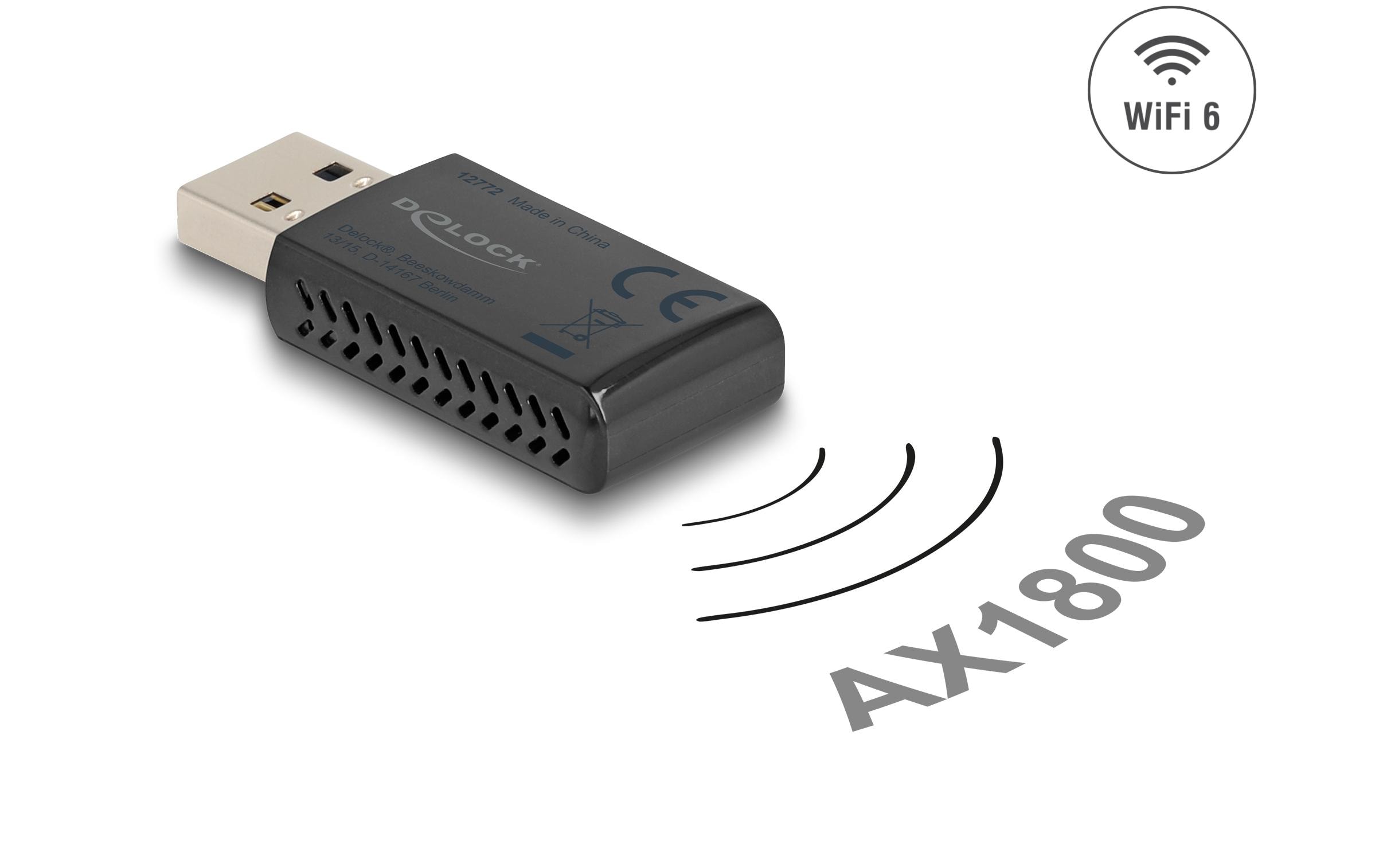 Delock Wi-Fi 6 Dualband WLAN USB Stick AX1800 (1201 + 574 Mbps) - Kabellos - USB - WLAN - Wi-Fi 6 (802.11ax) - 1775 Mbit/s - Schwarz - Netzwerkkarte - WLAN - 1.775 Mbps - WLAN - GSM 900/1800 (Dualband)