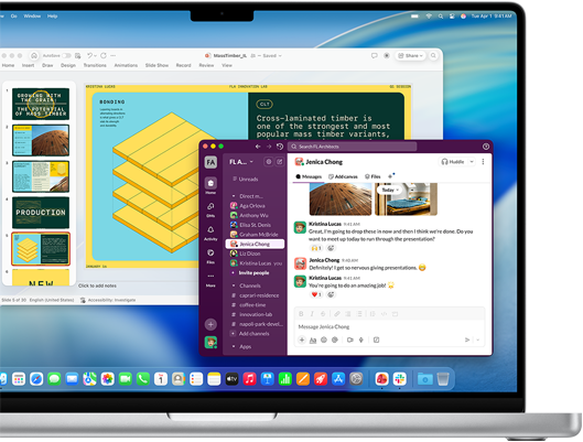 PowerPoint Präsentation in einem Fenster und Slack in einem anderen Fenster auf dem 16 Zoll MacBook Pro mit M4 Display