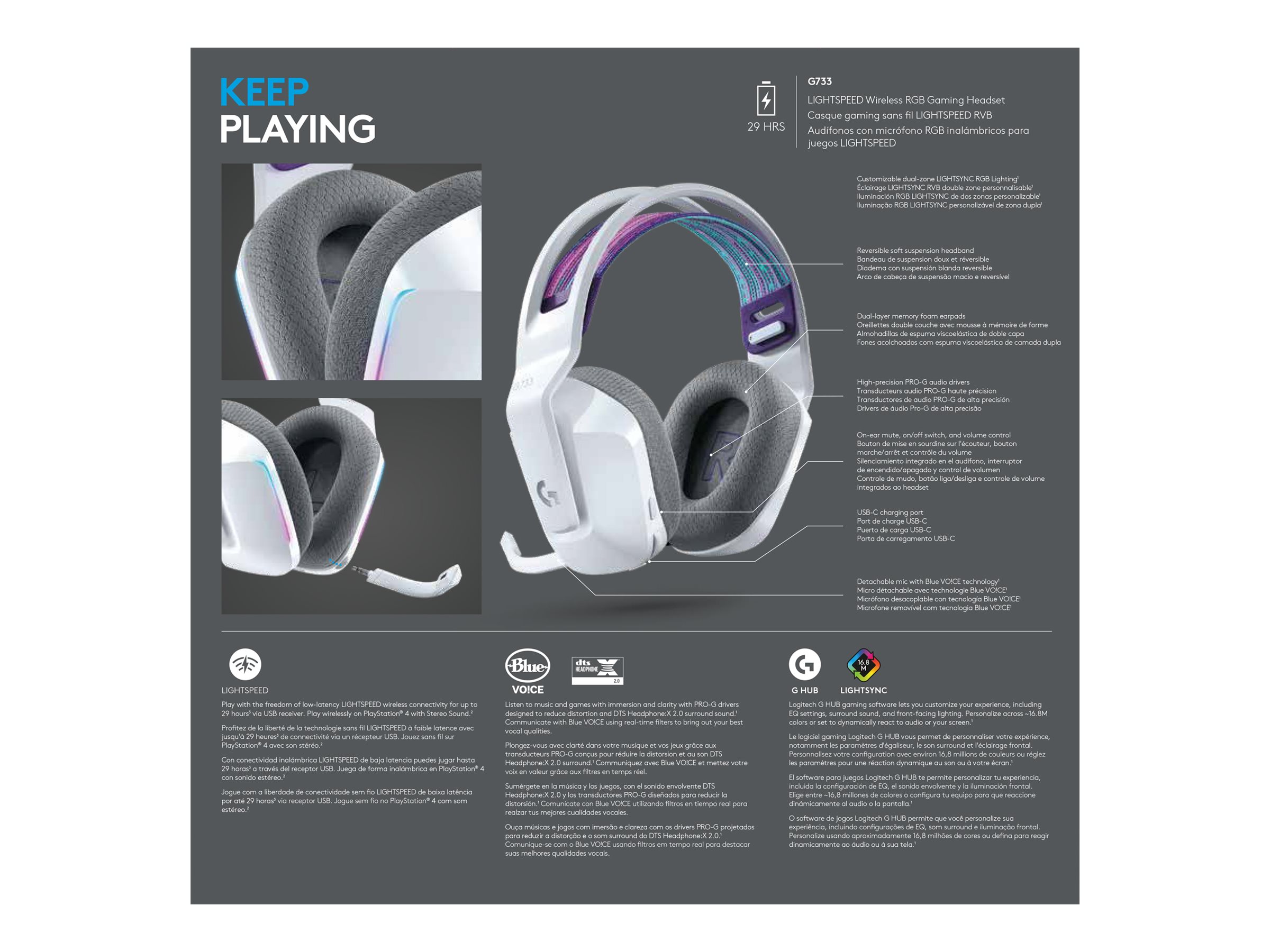 Logitech G G733 LIGHTSPEED Wireless RGB Gaming Headset - Headset - ohrumschließend - 2,4 GHz - kabellos - weiß