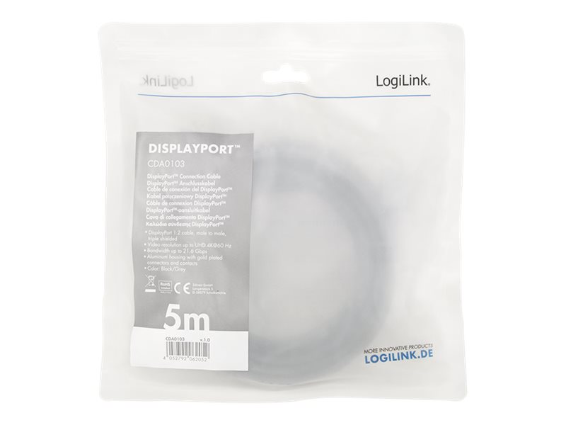 LogiLink - DisplayPort-Kabel - DisplayPort (M) zu DisplayPort (M) - DisplayPort 1.2 - 5 m - Support von 4K 60 Hz, unterstützt 2K 165 Hz (2560 x 1440) - Schwarz