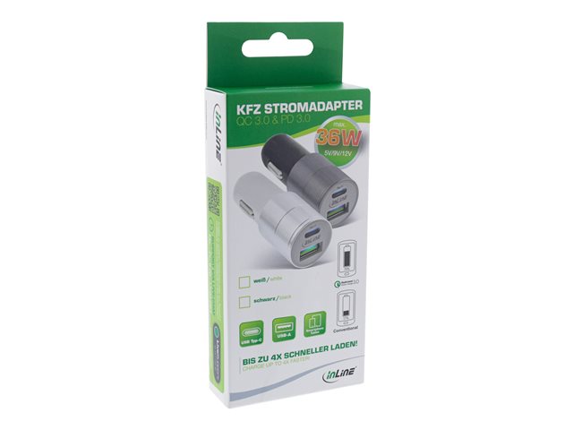 InLine USB KFZ Stromadapter Quick Charge 3.0, 12/24VDC zu 5V DC/3A, USB-A+USB-C