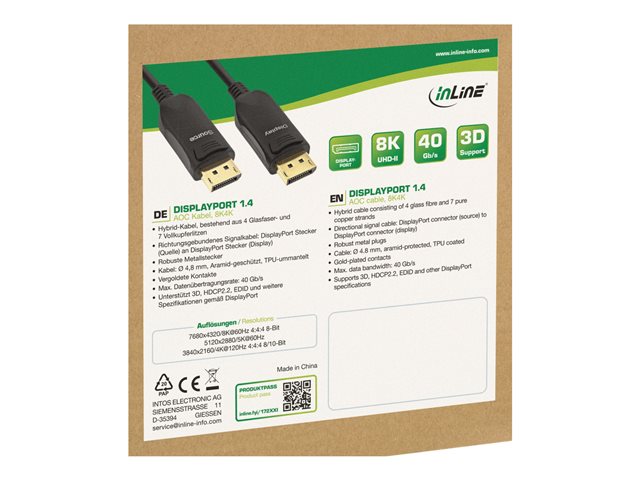 InLine - DisplayPort-Kabel - DisplayPort (M) zu DisplayPort (M) - DisplayPort 1.4 - 10 m - Active Optical Cable (AOC), Support von 4K 120 Hz, unterstützt 8K 30 Hz (7680 x 4320) - Schwarz