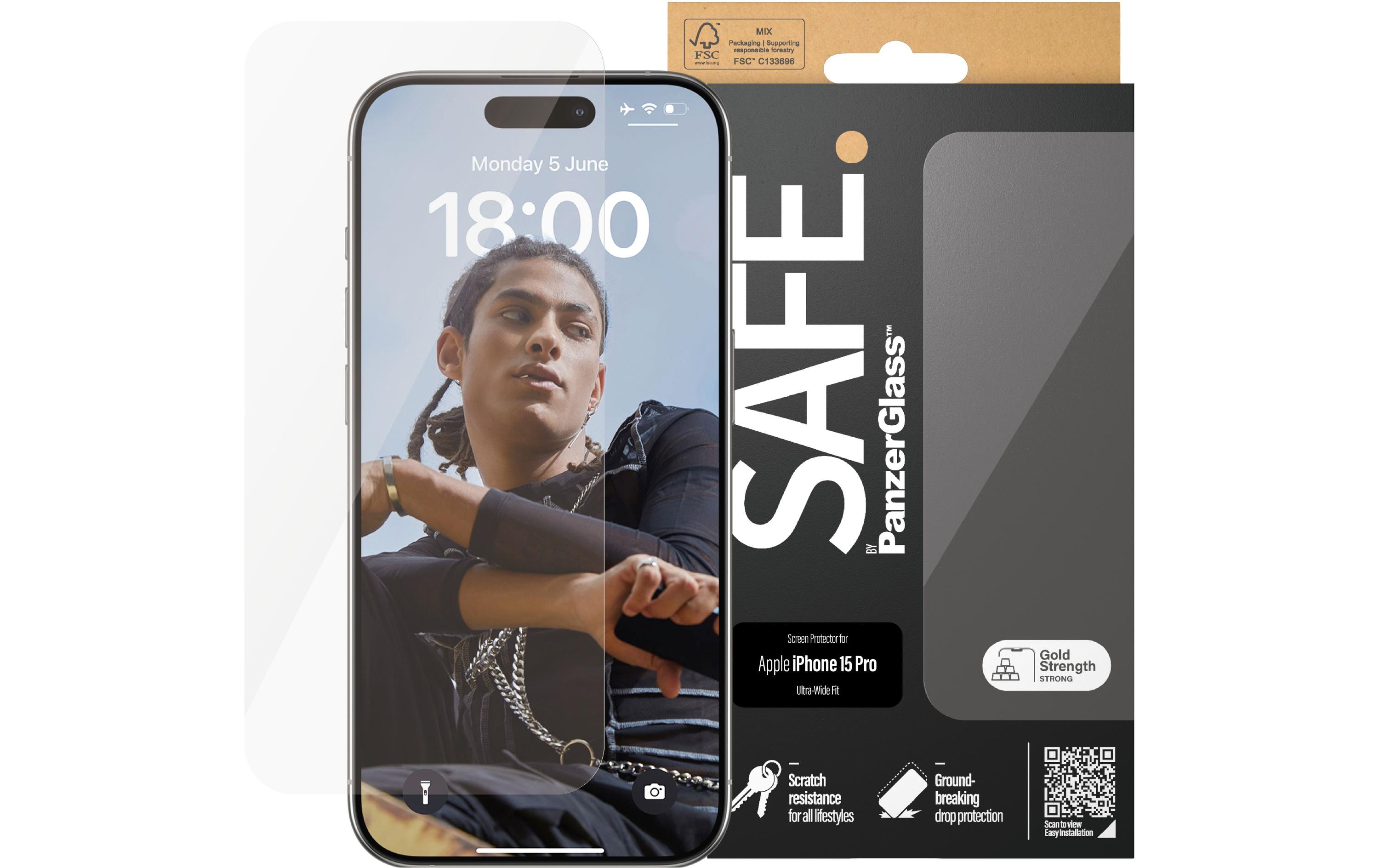 SAFE. by PanzerGlass - Bildschirmschutz für Handy - ultrabreite Passform - Glas - für Apple iPhone 15 Pro