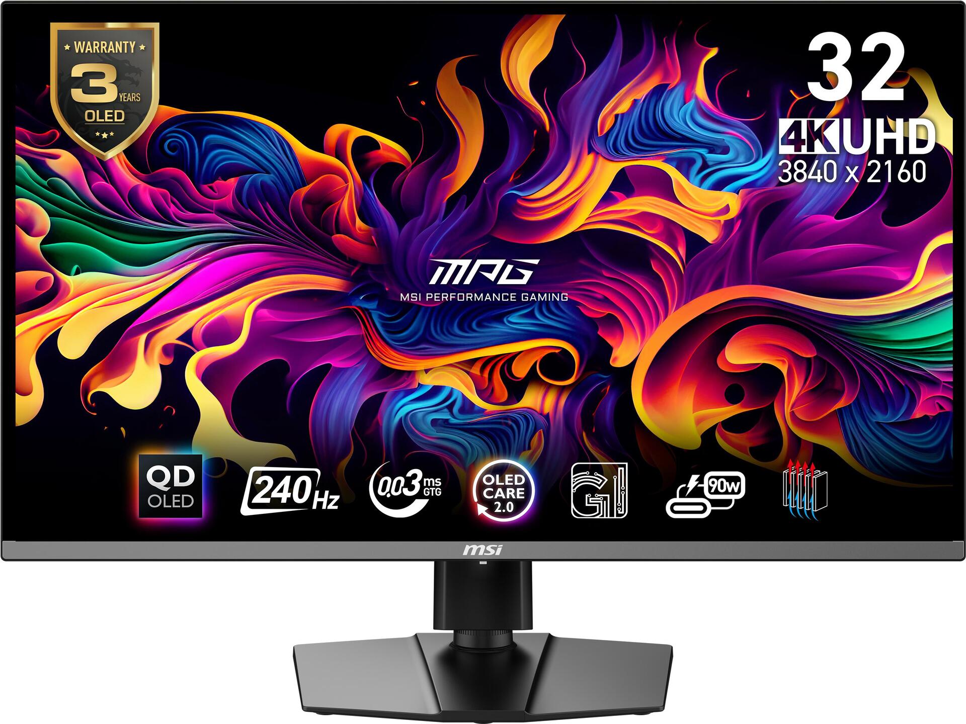 MSI MPG 321URXDE QD-OLED - OLED-Monitor - Gaming - 80 cm (31.5") - 3820 x 2160 4K @ 240 Hz - 1000 cd/m² - 1500000:1 - DisplayHDR 400 True Black - 0.03 ms - 2xHDMI, DisplayPort, USB-C - Schwarz