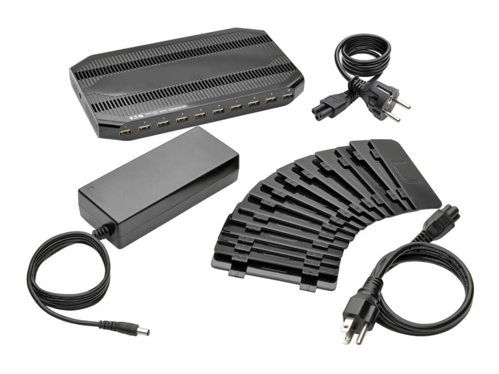 Tripp U280-010-ST-CEE 10-Port-USB-Ladestation mit einstellbarem Speicher - 12 V 8 A (96 W) USB-Ladegerät-Ausgang - Schuko-Netzkabel - Jede Marke - USB - Schwarz - Digital/Daten - 4-polig