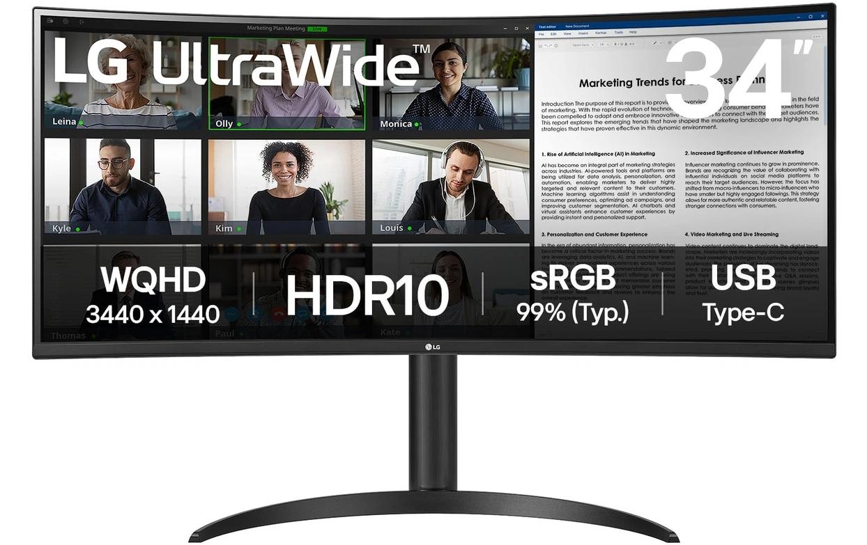 LG UltraWide 34WR55QK-B - LED-Monitor - gebogen - 86.42 cm (34") - 3440 x 1440 WQHD @ 100 Hz - VA - 300 cd/m² - 3000:1 - HDR10 - 5 ms - 2xHDMI, DisplayPort, USB-C