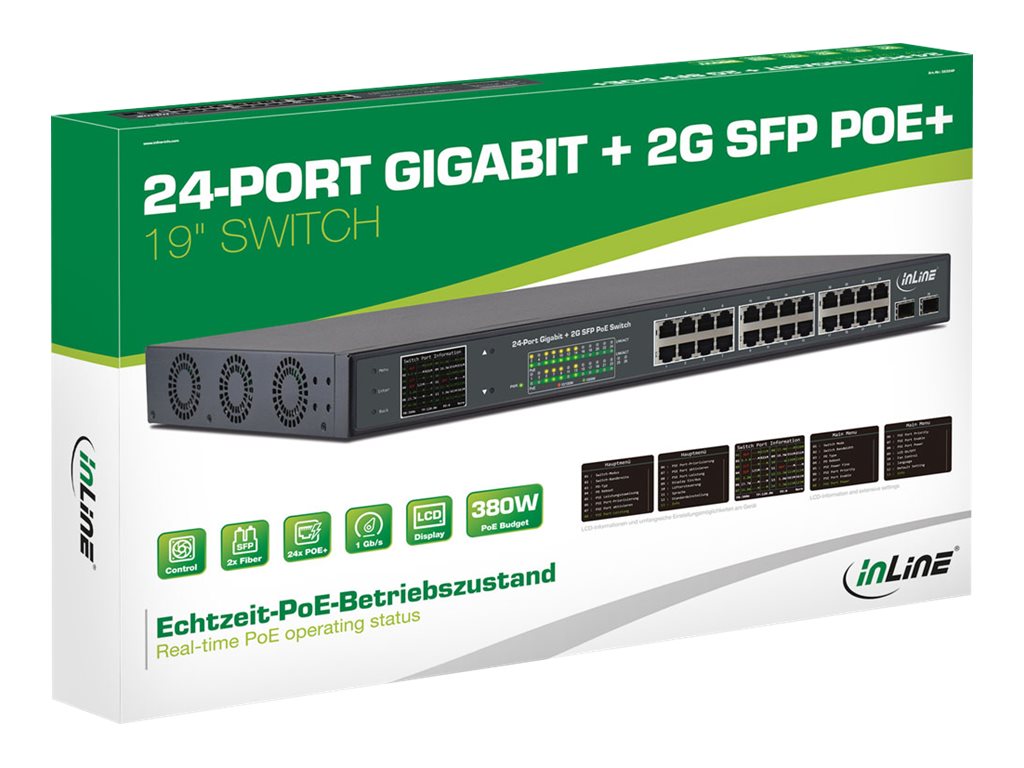 InLine 32324P - Switch - unmanaged - 24 x 10/100/1000 (PoE+) + 2 x Gigabit SFP (Uplink) - an Rack montierbar - PoE+ (380 W)